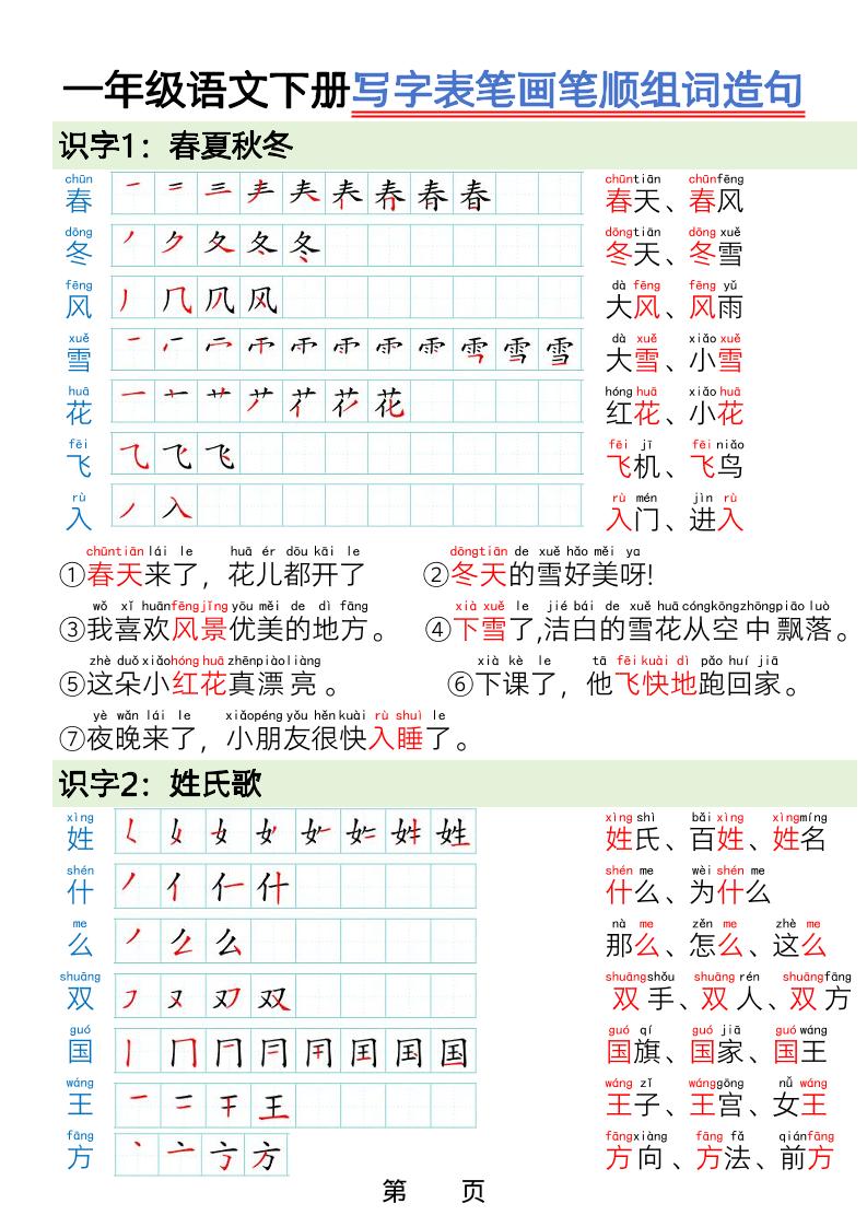 一年级下语文写字表笔画笔顺组词造句 - 奥一学习网 WWW.AYW.CC