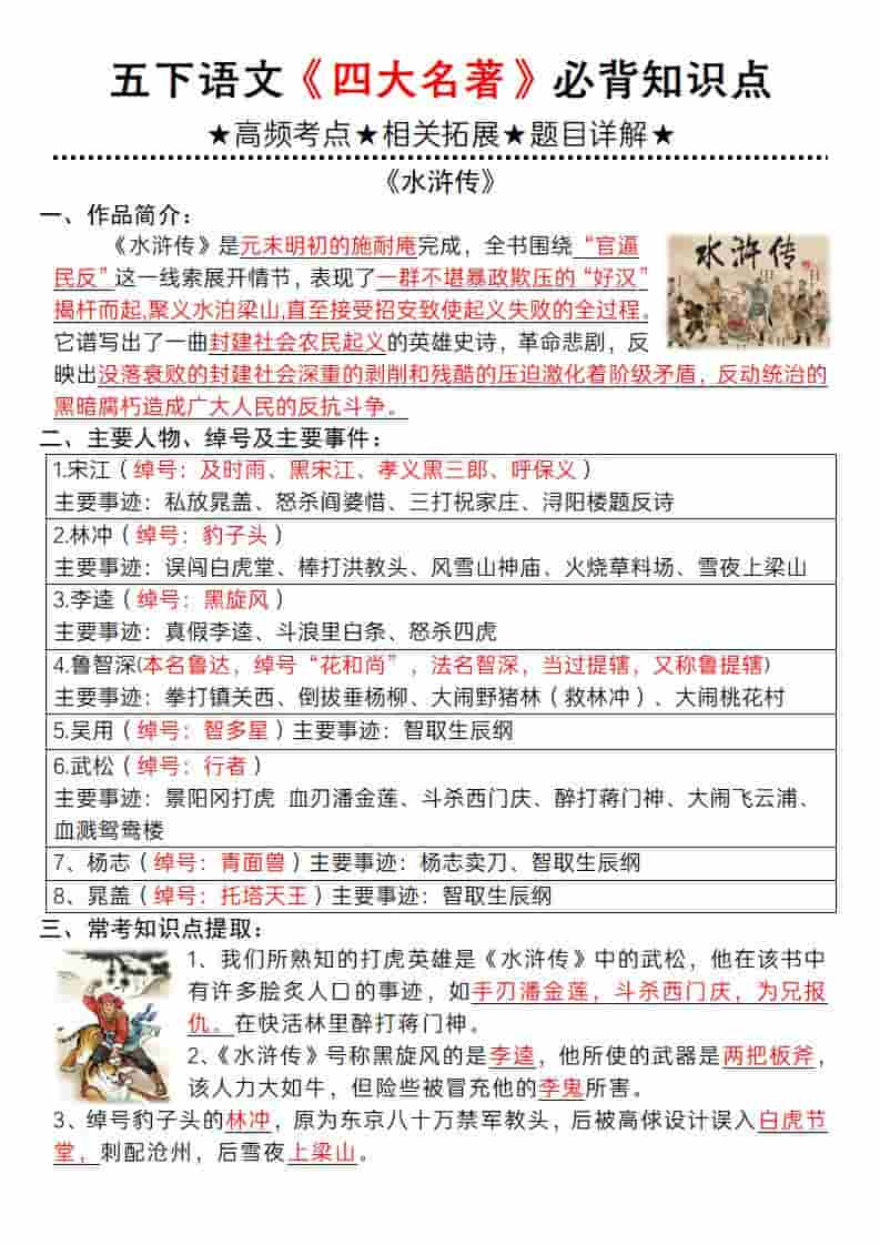 五年级下语文《四大名著》必背知识点 - 奥一学习网 WWW.AYW.CC