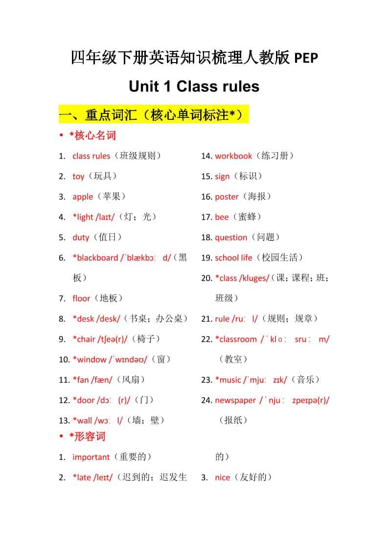 四年级下英语Unit1知识梳理+默写单《人教版PEP》 - 奥一学习网 WWW.AYW.CC