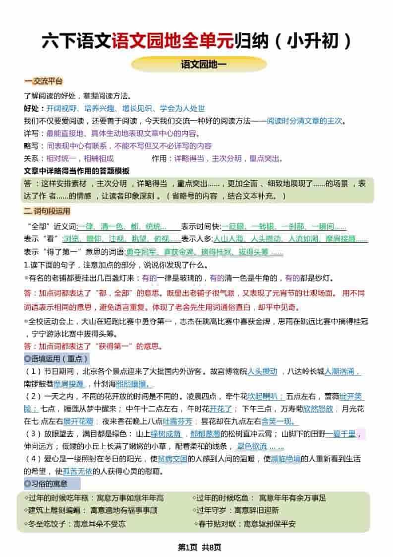 六年级下语文小升初园地全册重点归纳 - 奥一学习网 WWW.AYW.CC