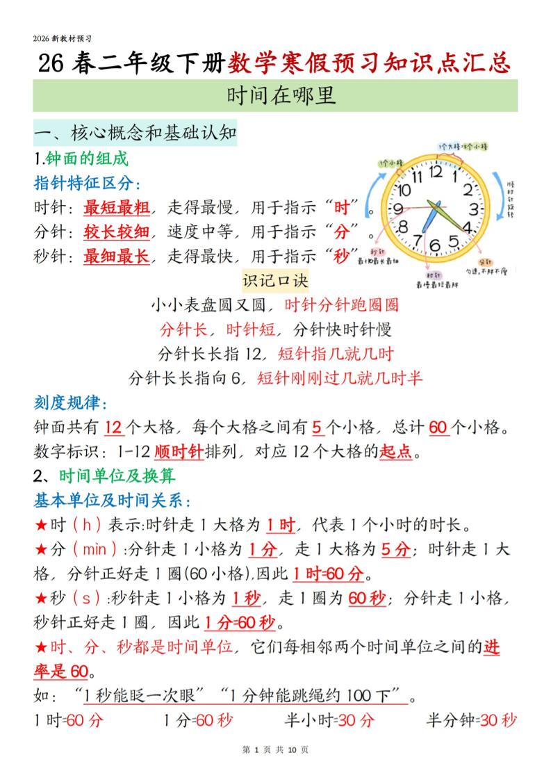 26春二年级下册数学寒假预习知识点汇总10页 - 奥一学习网 WWW.AYW.CC