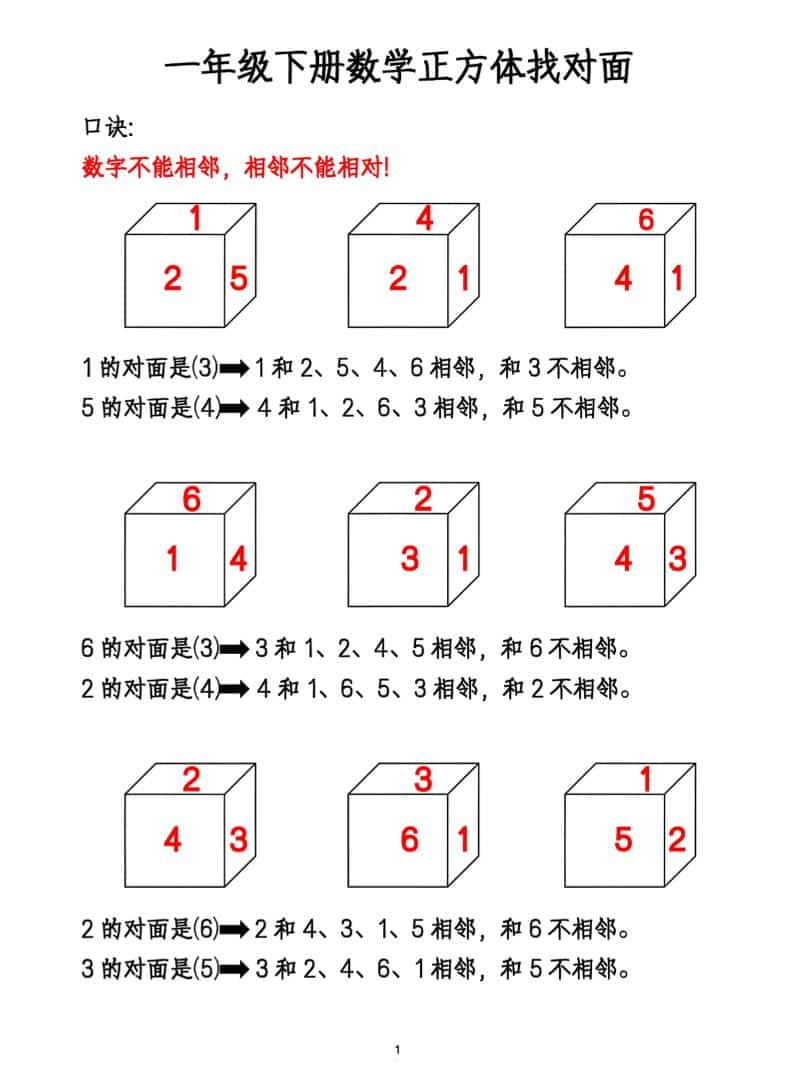一年级下数学正方体找对面专项练2 - 奥一学习网 WWW.AYW.CC