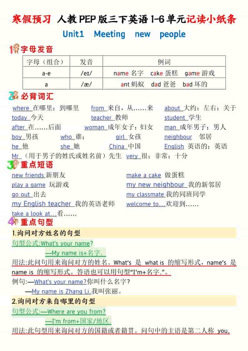 三年级下英语寒假预习1-6单元记读小纸条《人教版PEP》 - 奥一学习网 WWW.AYW.CC