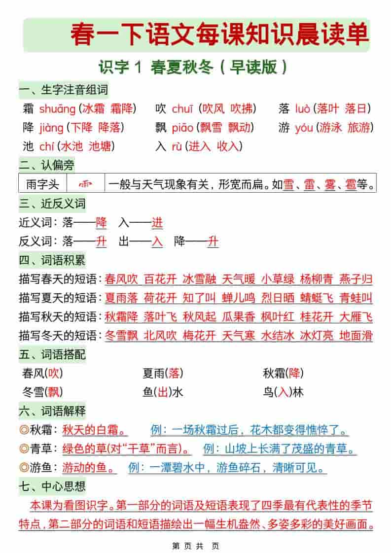 一年级下语文26春每课知识晨读单 - 奥一学习网 WWW.AYW.CC