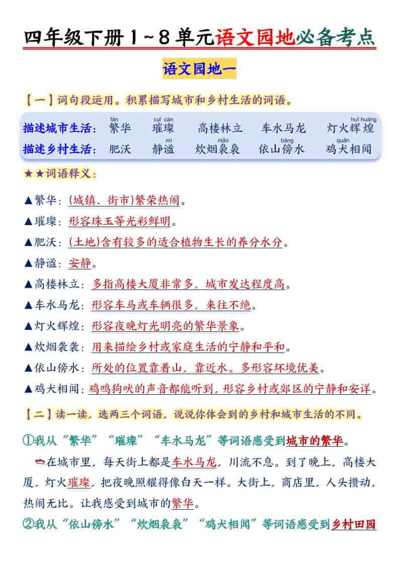 四年级下语文园地1-8单元必备考点 - 奥一学习网 WWW.AYW.CC