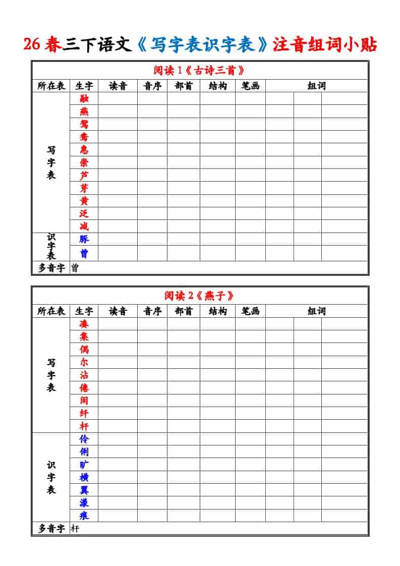 三年级下语文26春《写字表识字表》注音组词小贴 - 奥一学习网 WWW.AYW.CC