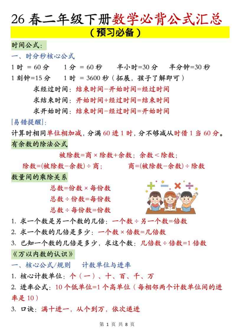 二年级下数学必背公式汇总《人教版》 - 奥一学习网 WWW.AYW.CC