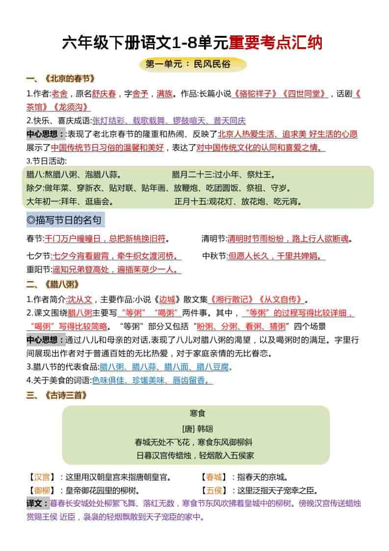 六年级下语文1-8单元重要考点汇总 - 奥一学习网 WWW.AYW.CC