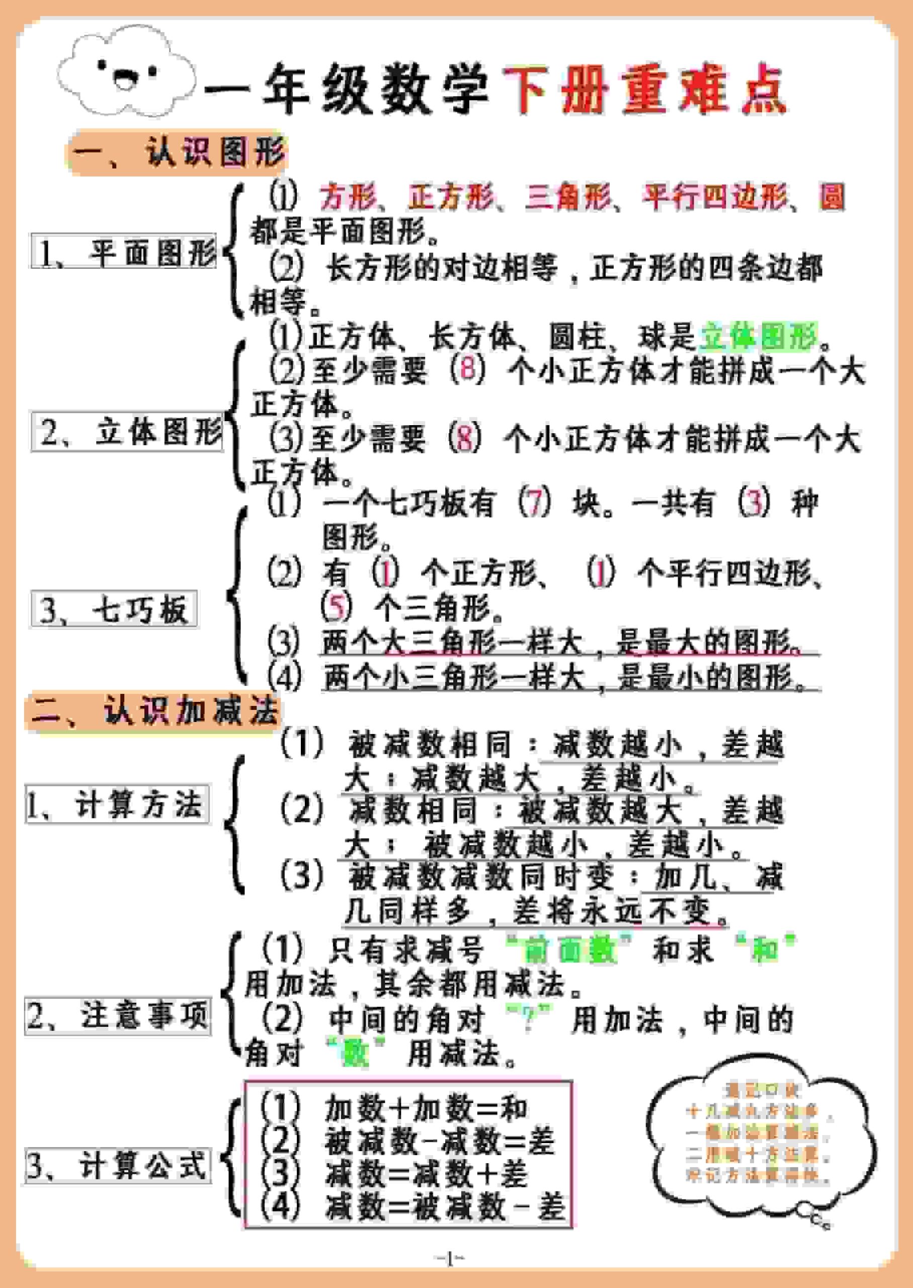 一年级下数学重难点汇总 - 奥一学习网 WWW.AYW.CC