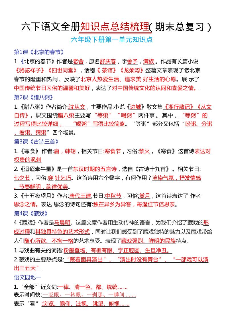 六年级下语文期末复习常考知识点总结 - 奥一学习网 WWW.AYW.CC