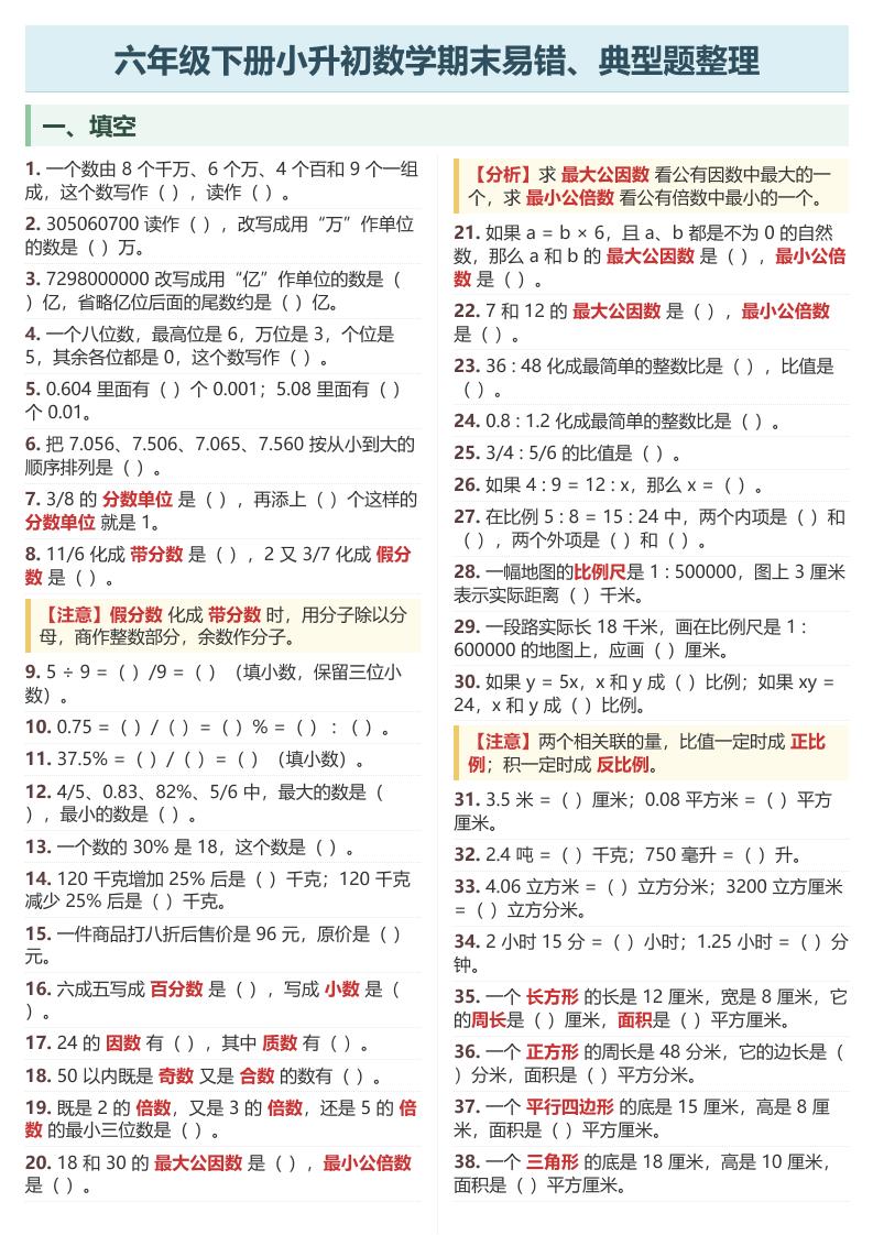 六年级下数学期末常考易错、典型题整理 - 奥一学习网 WWW.AYW.CC
