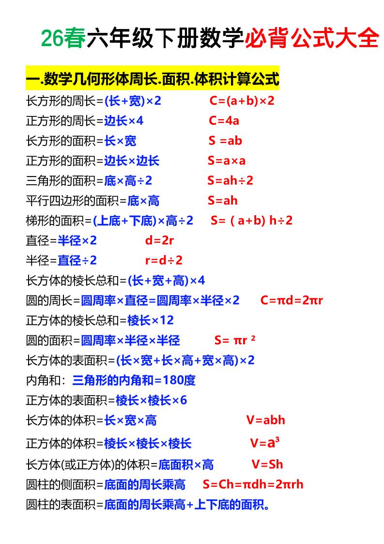 26春六年级下数学期末必背公式大全 - 奥一学习网 WWW.AYW.CC