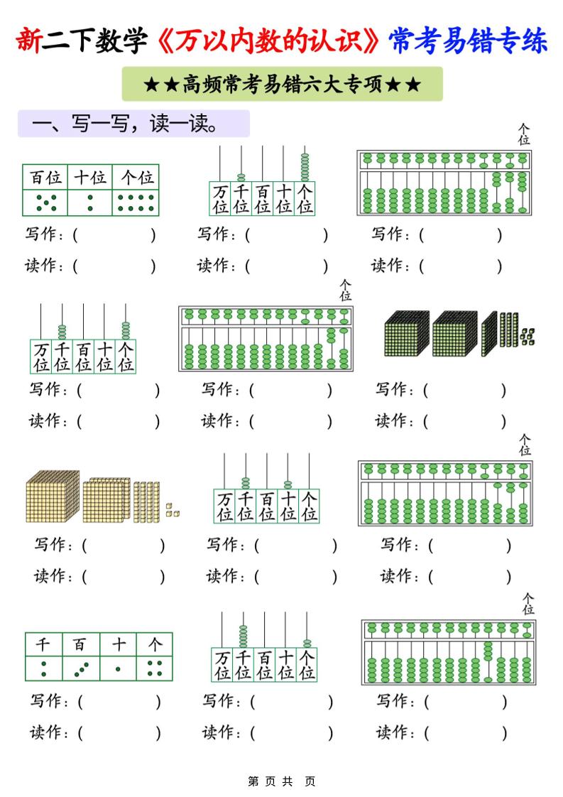 26春二年级下数学《万以内数的认识》常考易错专项练习 - 奥一学习网 WWW.AYW.CC