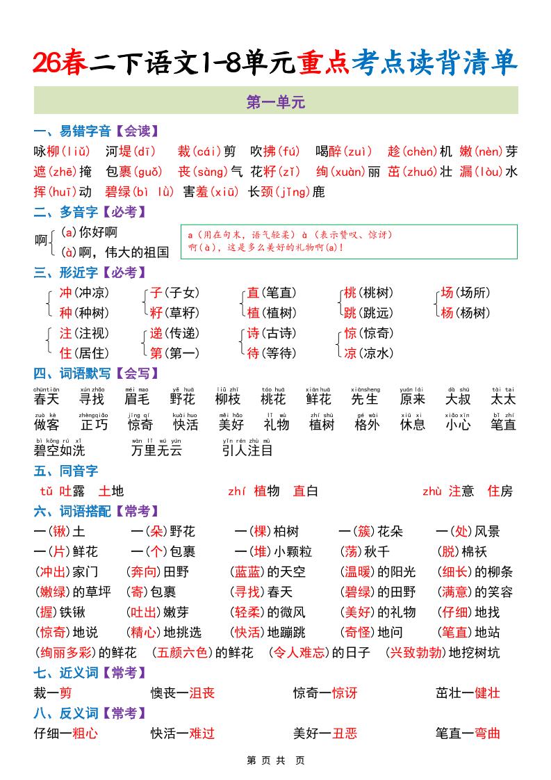 二年级下语文1-8单元重点考点读背清单 - 奥一学习网 WWW.AYW.CC