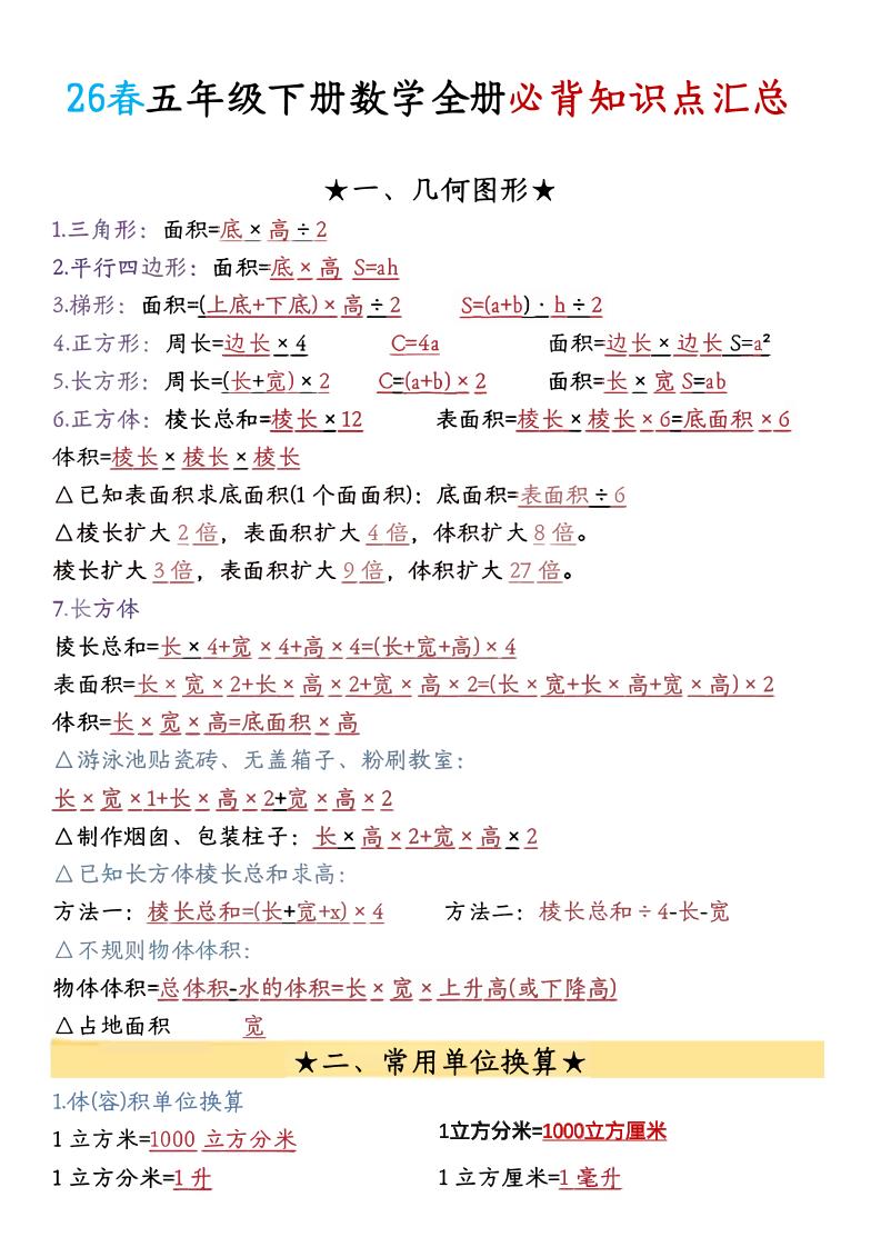 26春五年级下数学期末必背公式汇总 - 奥一学习网 WWW.AYW.CC