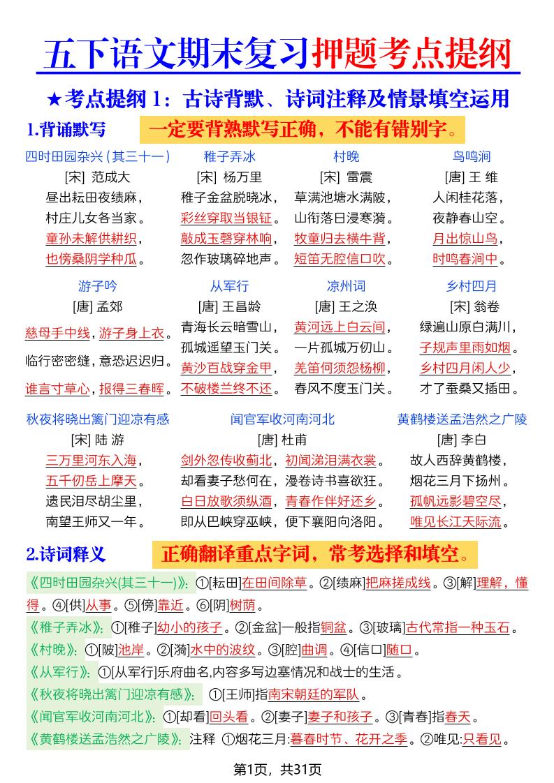 26春五年级下语文期末复习押题考点提纲 - 奥一学习网 WWW.AYW.CC