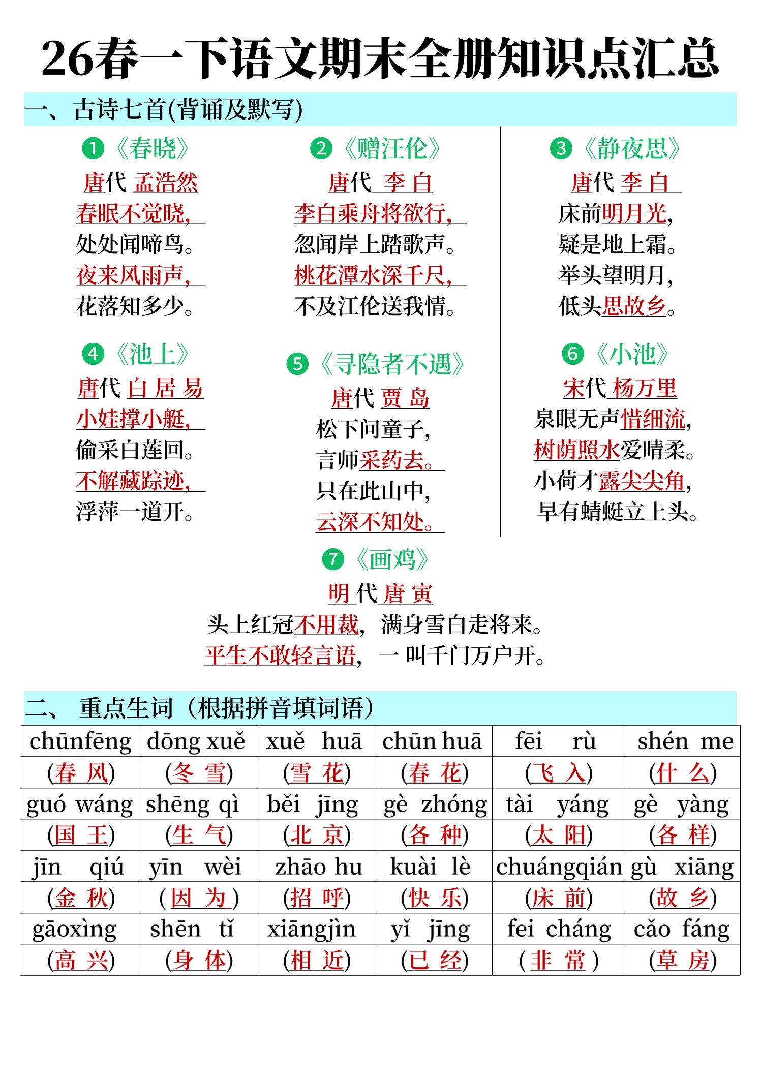 26春一年级下册语文期末全册知识点汇总 - 奥一学习网 WWW.AYW.CC