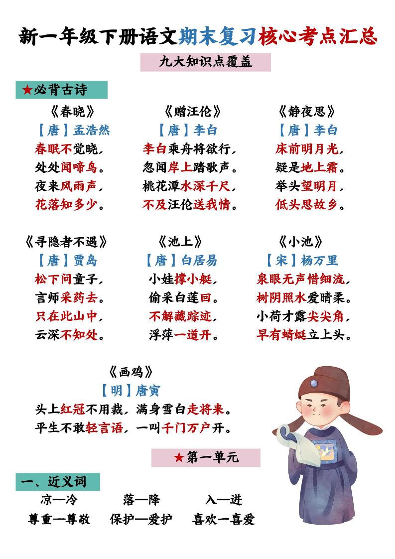 26春一年级下语文期末复习核心考点汇总 - 奥一学习网 WWW.AYW.CC