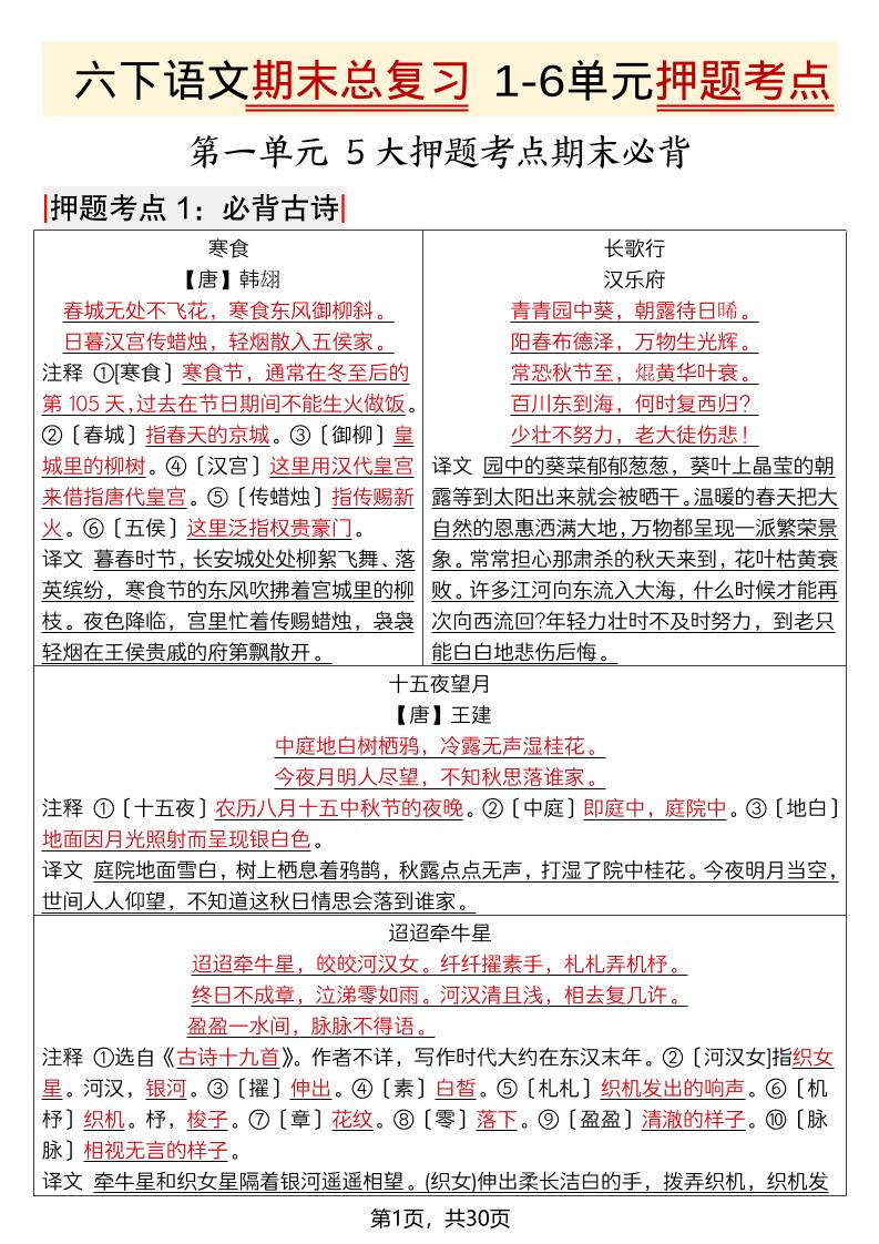 六年级下语文期末总复习1-6单元押题考点 - 奥一学习网 WWW.AYW.CC