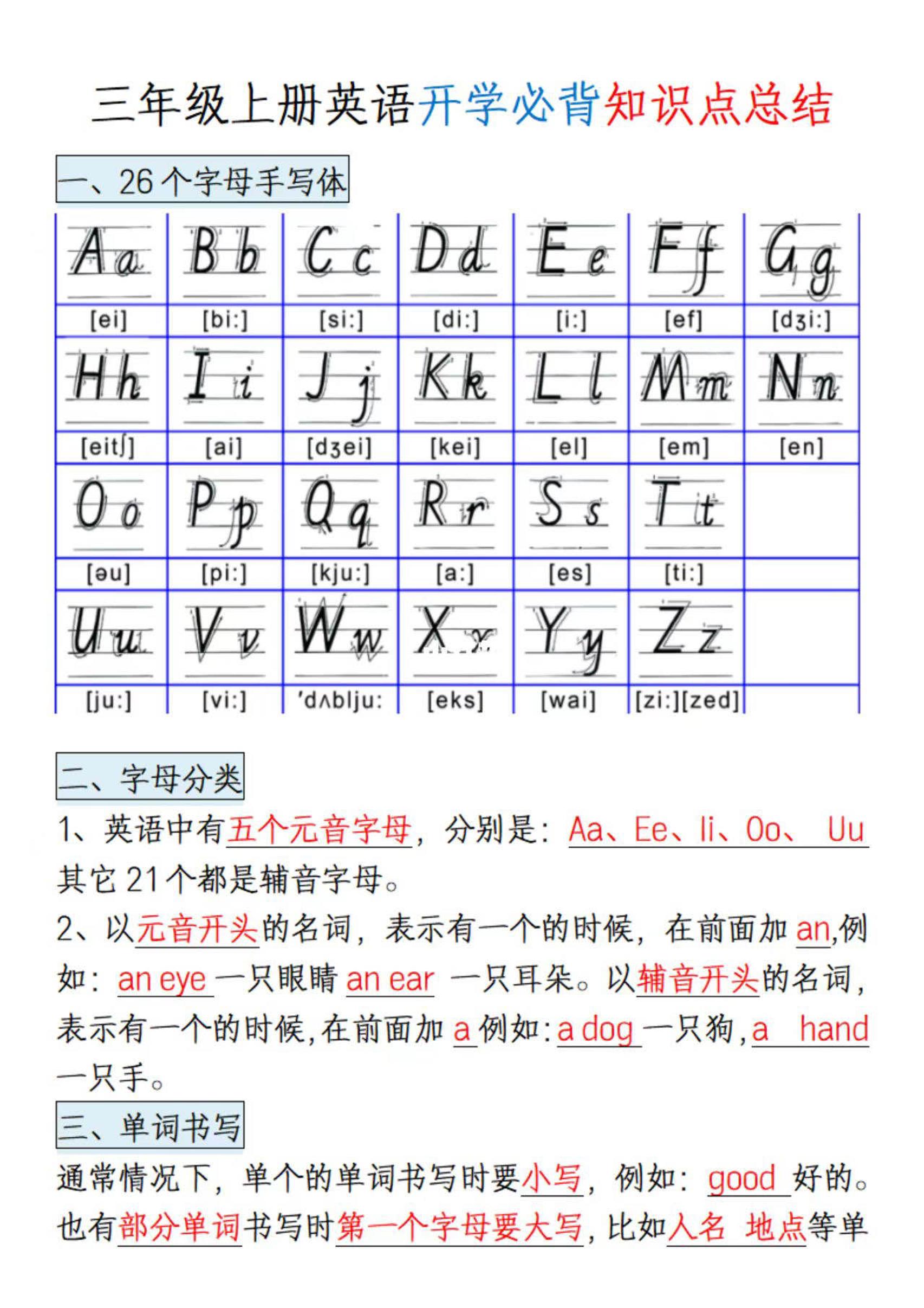 三年级上册英语开学必背知识点总结 - 奥一学习网 WWW.AYW.CC
