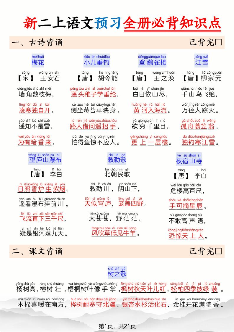 26新二上语文暑假预习全册必背知识点21页 - 奥一学习网 WWW.AYW.CC