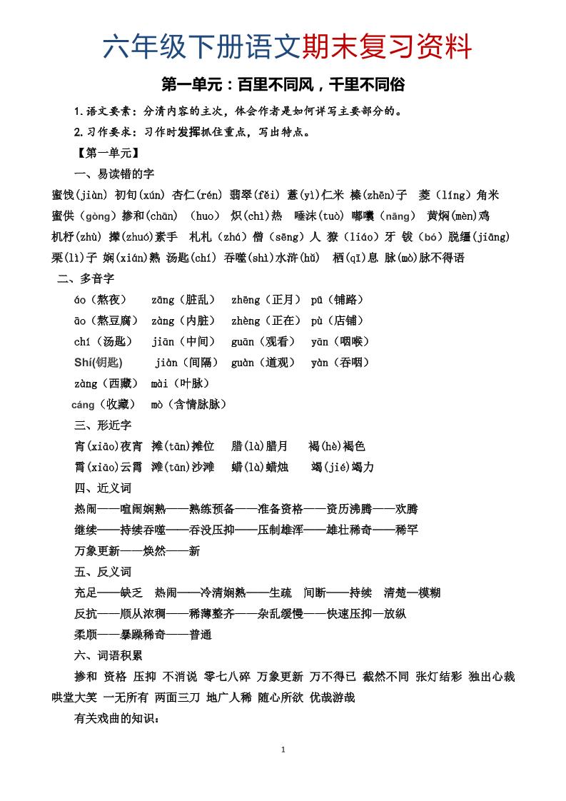 六年级下语文期末复习资料 - 奥一学习网 WWW.AYW.CC