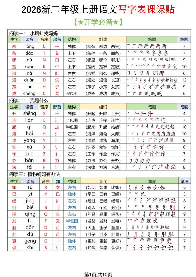 2026秋二上语文写字表课课贴（开学必备） - 奥一学习网 WWW.AYW.CC