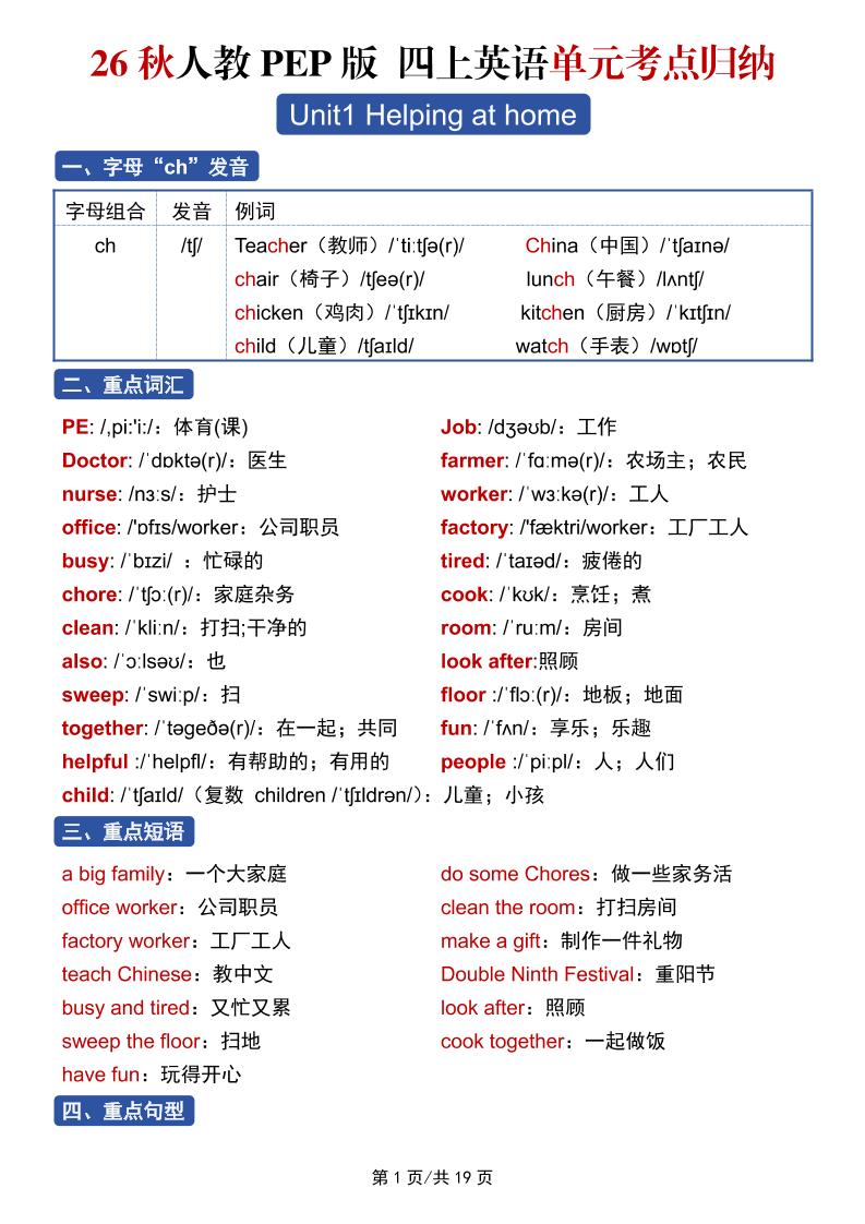 26秋人教PEP版四上英语单元考点归纳19页 - 奥一学习网 WWW.AYW.CC