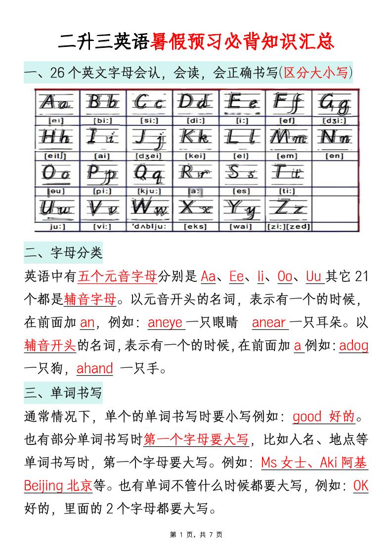 二升三英语暑假预习必背知识汇总通用版-三上英语 - 奥一学习网 WWW.AYW.CC