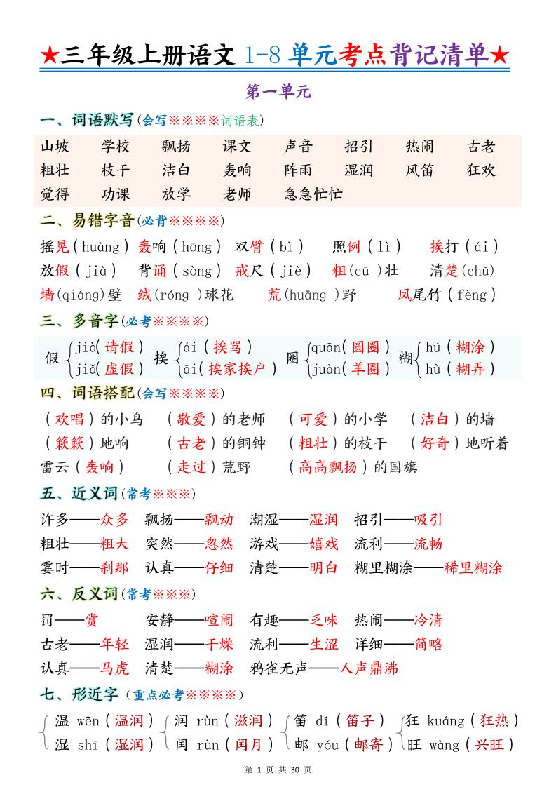 新三上语文1-8单元考点背记清单30页 - 奥一学习网 WWW.AYW.CC